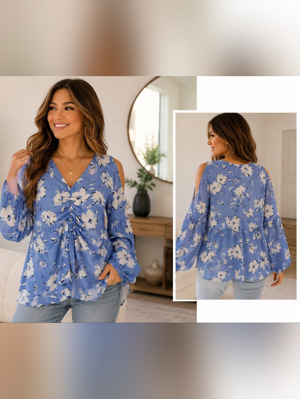 Cato Blue Floral Cold-Shoulder V-Neck Blouse - Picture 3 of 7